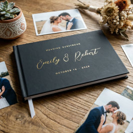 Hochzeit von Luxus Black and Gold Script Foto Gästebuch
