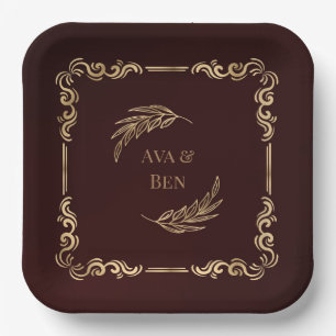Hochzeit von Luxus-Burgund und Gold-Schnörkel Pappteller