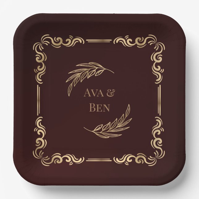 Hochzeit von Luxus-Burgund und Gold-Schnörkel Pappteller (Vorderseite)