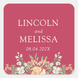 Hochzeit von Magenta, Peach und White Floral Quadratischer Aufkleber