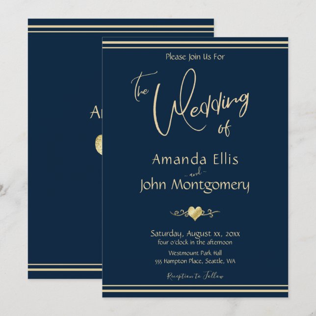 Hochzeit von Marine und Gold Einladung (Vorne/Hinten)