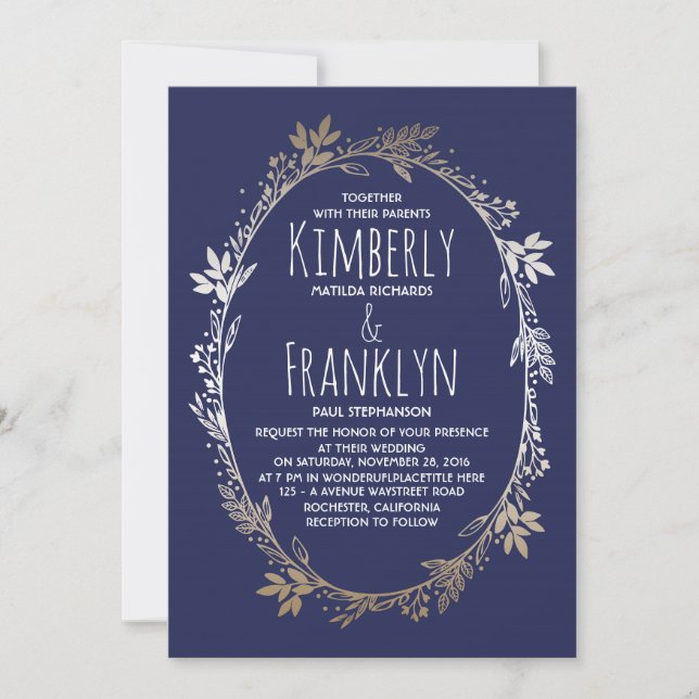 Hochzeit von Marine- und Goldblumenkranken Einladung (Vorderseite)