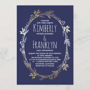 Hochzeit von Marine- und Goldblumenkranken Einladung