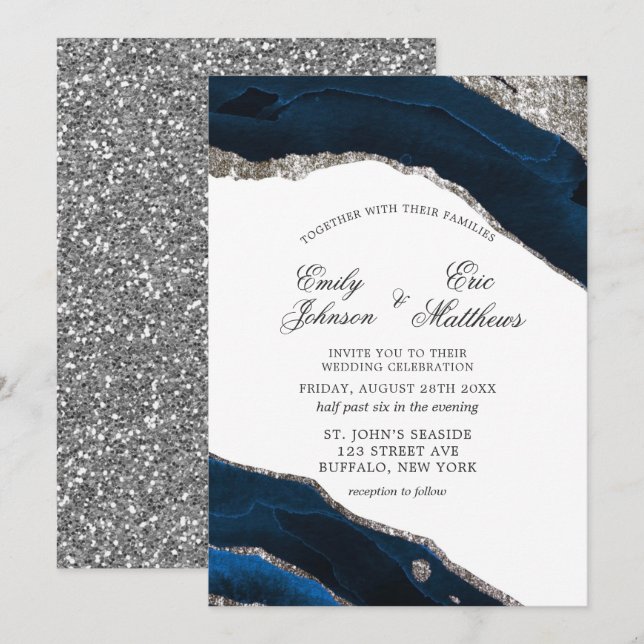 Hochzeit von Marine und Silver Watercolor Einladung (Vorne/Hinten)