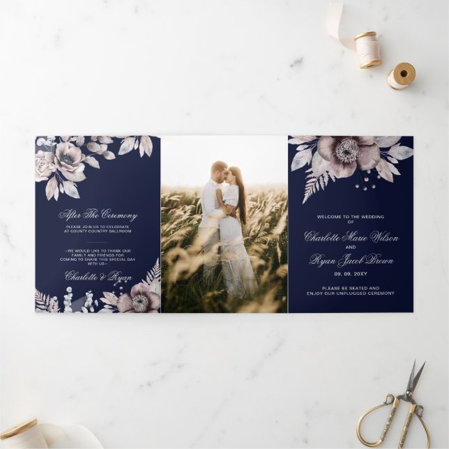 Hochzeit von Marineblau-Mauve-Rustikal-Foto Dreifach-gefaltete Programmkarte (Außenbereich)