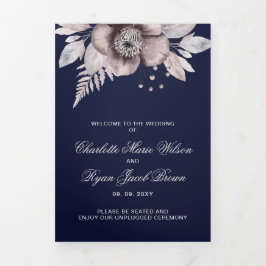 Hochzeit von Marineblau-Mauve-Rustikal-Foto Dreifach-gefaltete Programmkarte