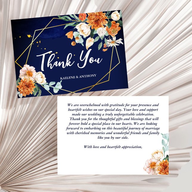 Hochzeit von Marineblau-Rosen Dankeskarte (Navy blue orange white roses gold geometrical frame wedding thank you cards)