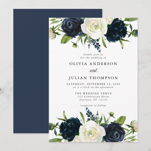 Hochzeit von Marineblau und cremeweißem Blumenwass Einladung (Vorne/Hinten)