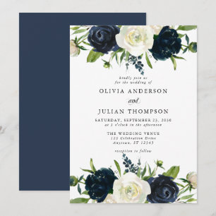 Hochzeit von Marineblau und cremeweißem Blumenwass Einladung
