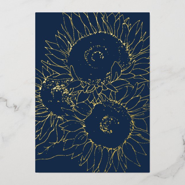 Hochzeit von Marineblau und Goldblumen Folieneinladung (Vorderseite)