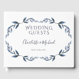 Hochzeit von Marineblau und Weißblättern Gästebuch