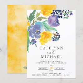 Hochzeit von Marinegelb und Lila, hellen Blumen Einladung