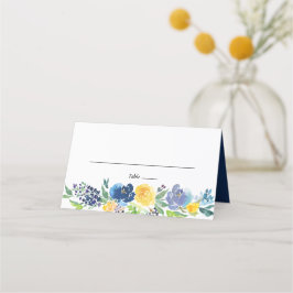 Hochzeit von Marinegelb und Lila, hellen Blumen Platzkarte