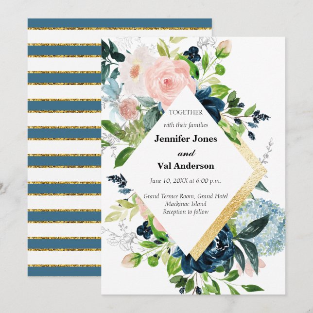 Hochzeit von Marinepfirsichen und Goldflora Einladung (Vorne/Hinten)