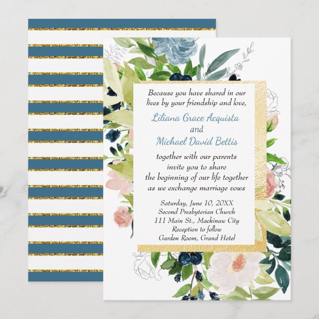 Hochzeit von Marinepfirsichen und Goldflora Einladung (Vorne/Hinten)