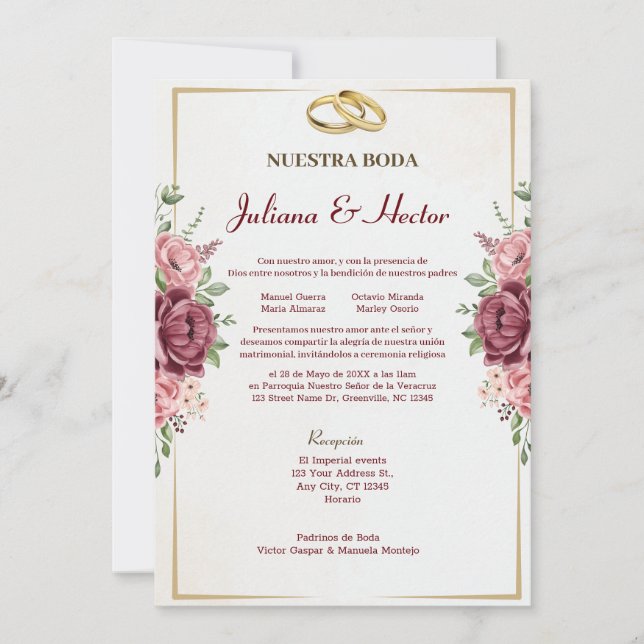 Hochzeit von Maroon und Gold Floral Einladung (Vorderseite)