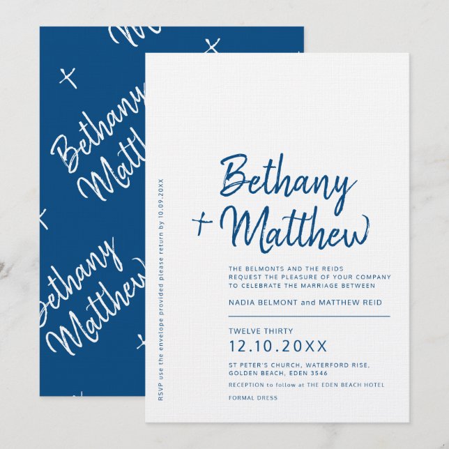 Hochzeit von Minimalistisch-blauen Kalligrafien Einladung (Vorne/Hinten)