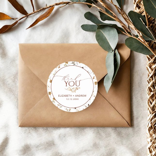 Hochzeit von Minimalistischen Herbst-Wildblumen Runder Aufkleber (Von Creator hochgeladen)