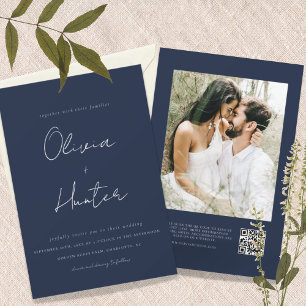 Hochzeit von Minimalistischen Navy-QR-Fotos Einladung