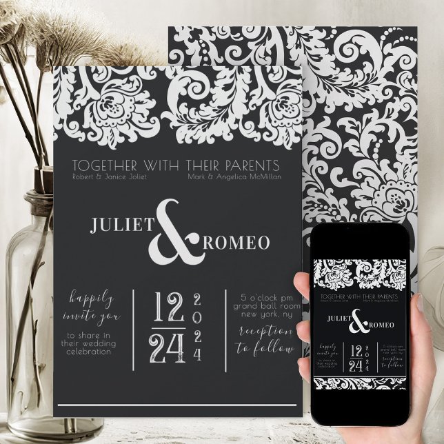 Hochzeit von modernen Schwarz-Weiß-Damaskus Einladung (elegant black and white wedding theme floral damask modern wedding invitation )