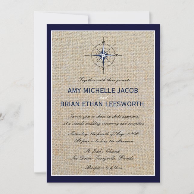 Hochzeit von Nautical Compass/Yacht Club Navy Beac Einladung (Vorderseite)