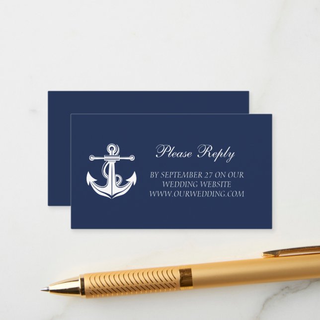 Hochzeit von Navy Blue Anchor Nautical Beach Begleitkarte (Vorderseite/Rückseite Beispiel)