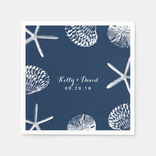 Hochzeit von Navy Blue Beach Seashells Serviette (Vorderseite)