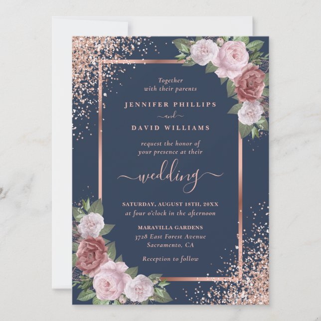 Hochzeit von Navy Blue Blush and Rose Gold Glitzer Einladung (Vorderseite)