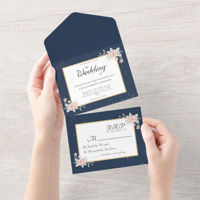 Hochzeit von Navy Blue Blush Pink All In One Einladung (Abreißen)