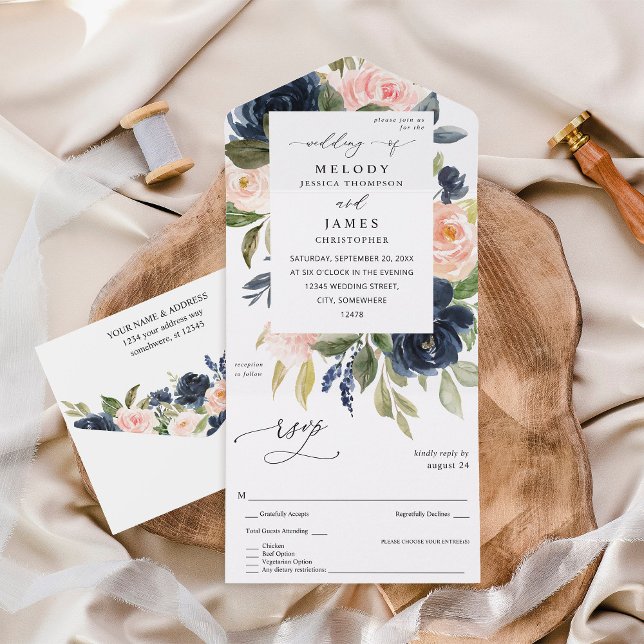 Hochzeit von Navy Blue & Blush Pink Floral All In One Einladung (Von Creator hochgeladen)