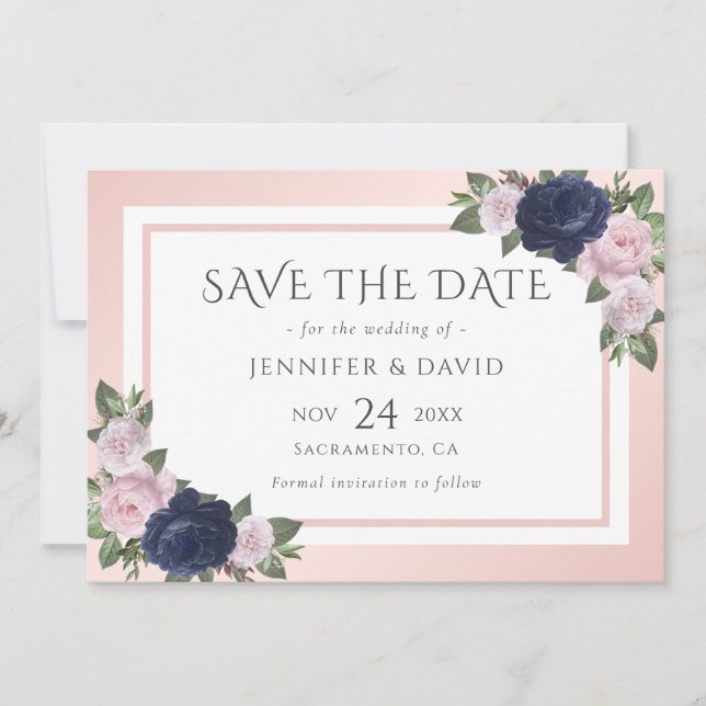 Hochzeit von Navy Blue Blush Pink Floral Save the  Save The Date (Vorderseite)