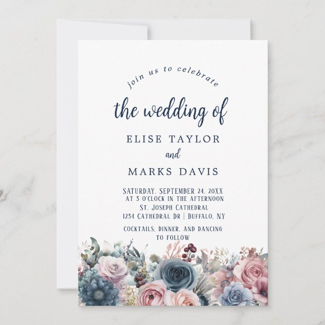 Hochzeit von Navy Blue Blush Pink Roses Einladung (Vorderseite)