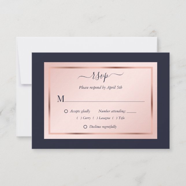 Hochzeit von Navy Blue Blush Rose RSVP Karte (Vorderseite)
