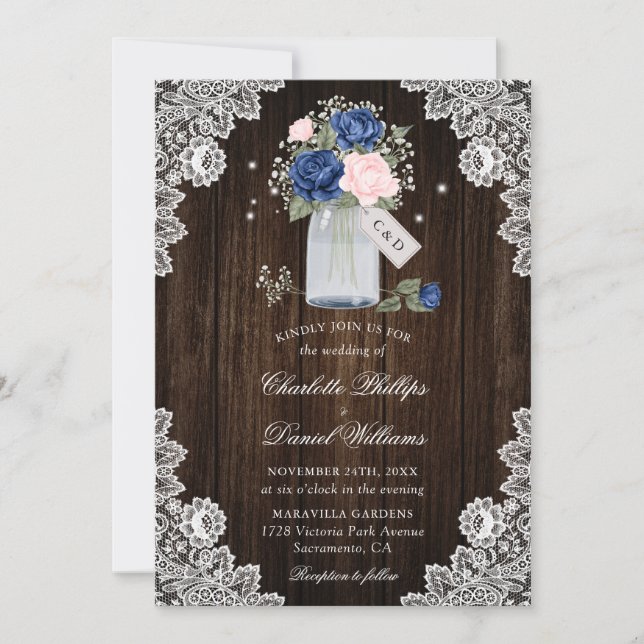Hochzeit von Navy Blue Blush Rustic Country Wood F Einladung (Vorderseite)