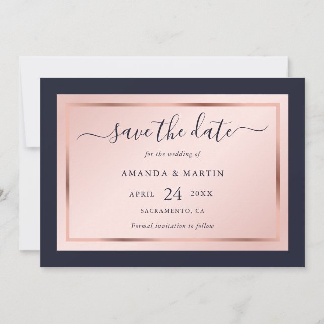 Hochzeit von Navy Blue Blush und Rose Gold Script Save The Date (Vorderseite)
