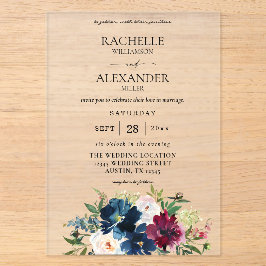 Hochzeit von Navy Blue, Burgund & White Floral Acryleinladungen