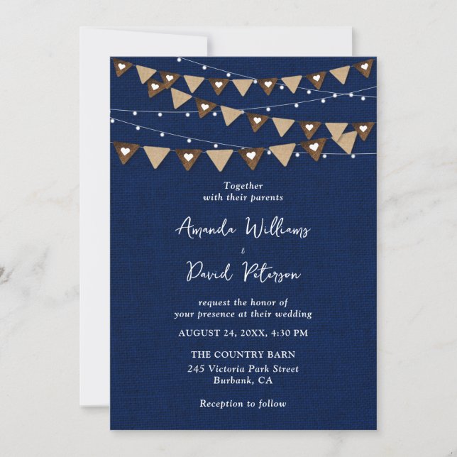 Hochzeit von Navy Blue Burlap Bunting String Light Einladung (Vorderseite)