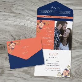 Hochzeit von Navy Blue Coral Floral Foto All In One Einladung