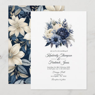 Hochzeit von Navy Blue, Cream und Silver Floral Einladung