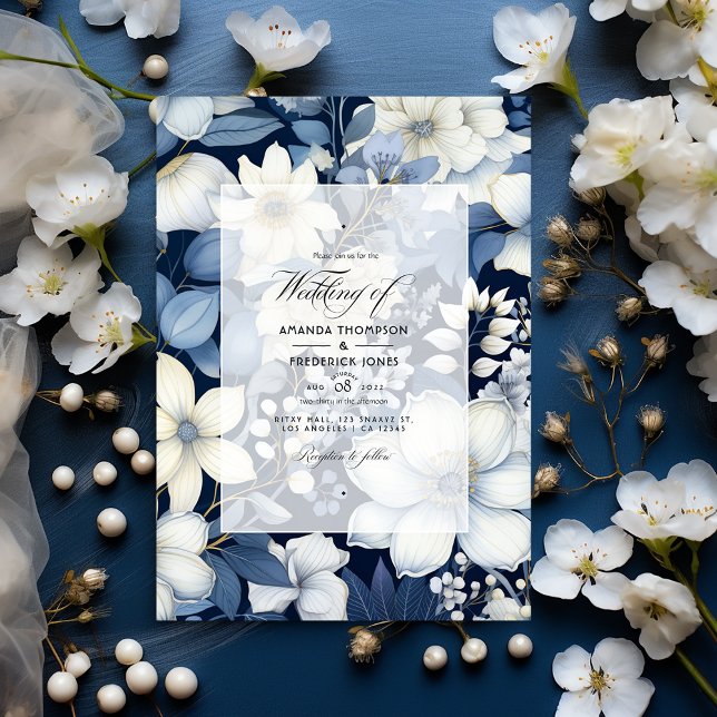 Hochzeit von Navy Blue, Cream und Silver Floral Einladung (Von Creator hochgeladen)