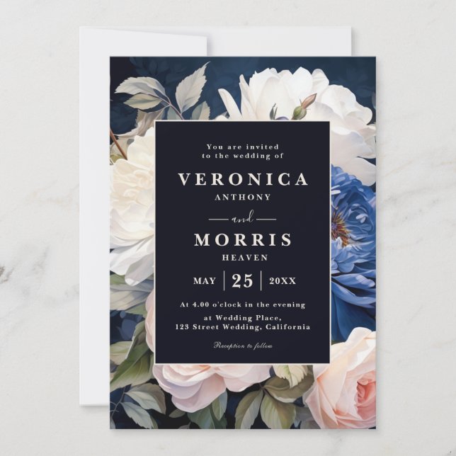 Hochzeit von Navy Blue & Dusty Blush Pink Floral Einladung (Vorderseite)