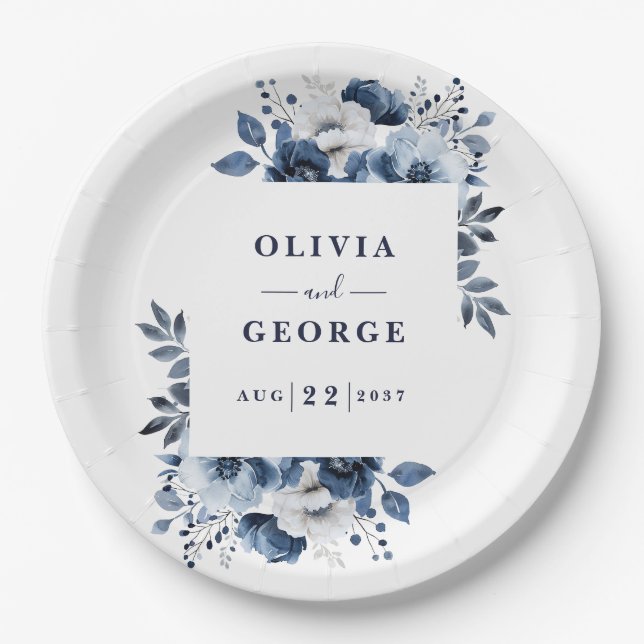 Hochzeit von Navy Blue EleganCountry Floral Pappteller (Vorderseite)
