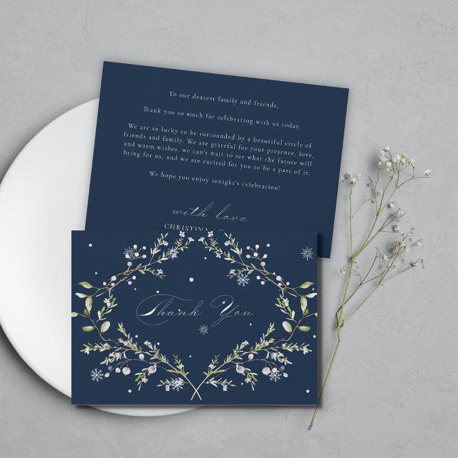 Hochzeit von Navy Blue Elegant Winter Wildblumen Dankeskarte (Von Creator hochgeladen)