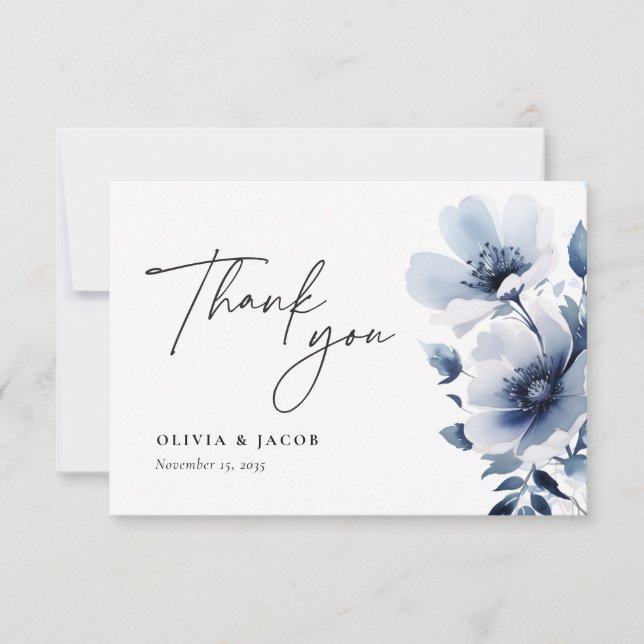 Hochzeit von Navy Blue Floral Dankeskarte (Vorderseite)