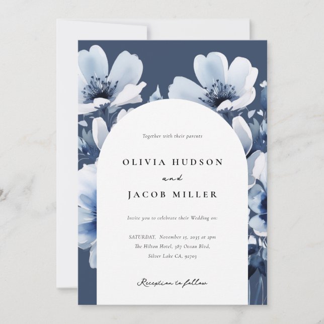 Hochzeit von Navy Blue Floral Einladung (Vorderseite)