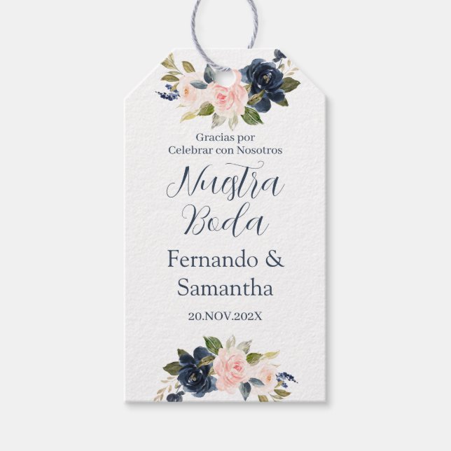 Hochzeit von Navy Blue Floral Geschenkanhänger (Vorderseite)