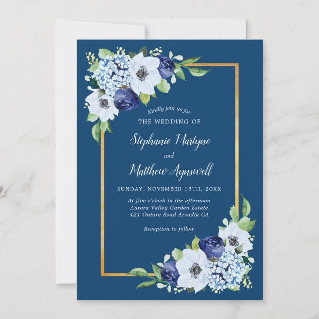 Hochzeit von Navy Blue Floral Gold Border Watercol Einladung (Vorderseite)