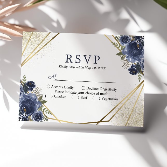 Hochzeit von Navy Blue Floral Gold RSVP Karte (Von Creator hochgeladen)