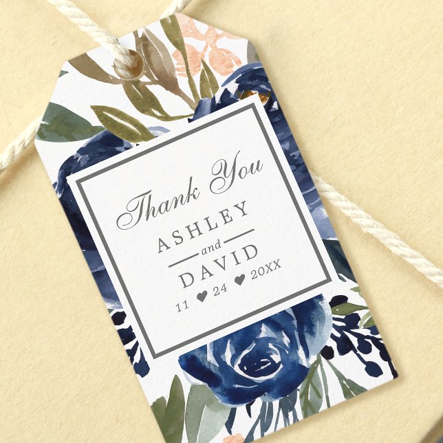 Hochzeit von Navy Blue Floral Pattern Geschenkanhänger (Von Creator hochgeladen)