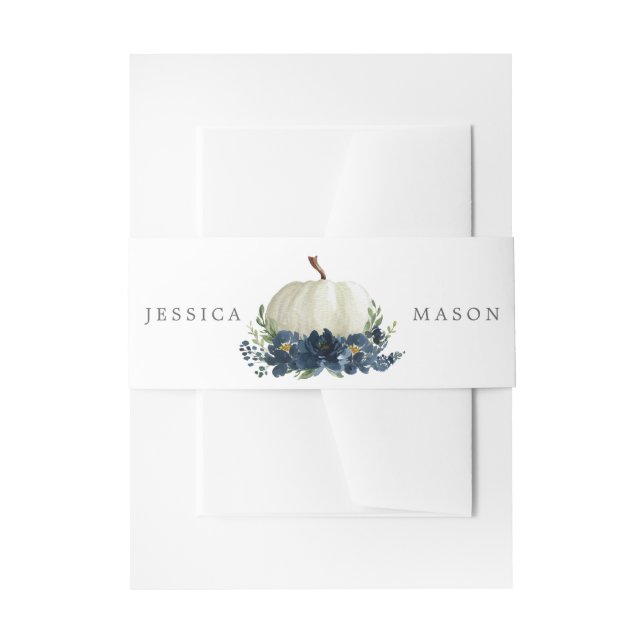 Hochzeit von Navy Blue Floral Pumpkin Einladungsbanderole (Vorderseite Beispiel)